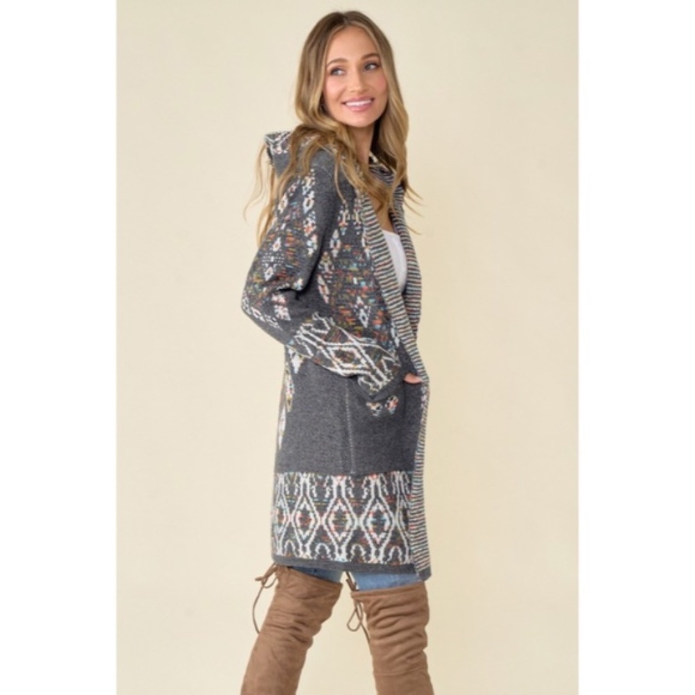 SOLD OUT Gray Aztec Tribal Rainbow Western Hooded Knit Open Cardigan Long Sleeve - Picture 8 of 9